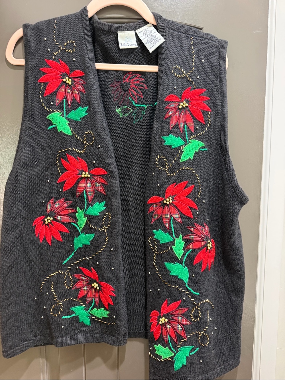 Vintage Christmas Holiday Black Sweater Vest with Red Poinsettia Embroidery XL
